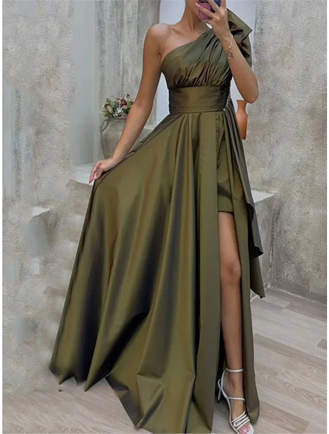 Vestido de fiesta para mujer, vestido de satén, vestido largo, vestido maxi, verde militar, sin mangas, color puro, volantes, primavera, otoño e invierno, un hombro, moda, vestido de invierno, fiesta de noche, invitada de boda